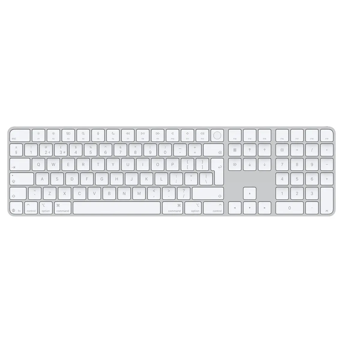 Magic Keyboard with Touch ID and Numeric Keypad, whitekeys, silver aluminium structure, round Touch ID sensor, full-height function keys