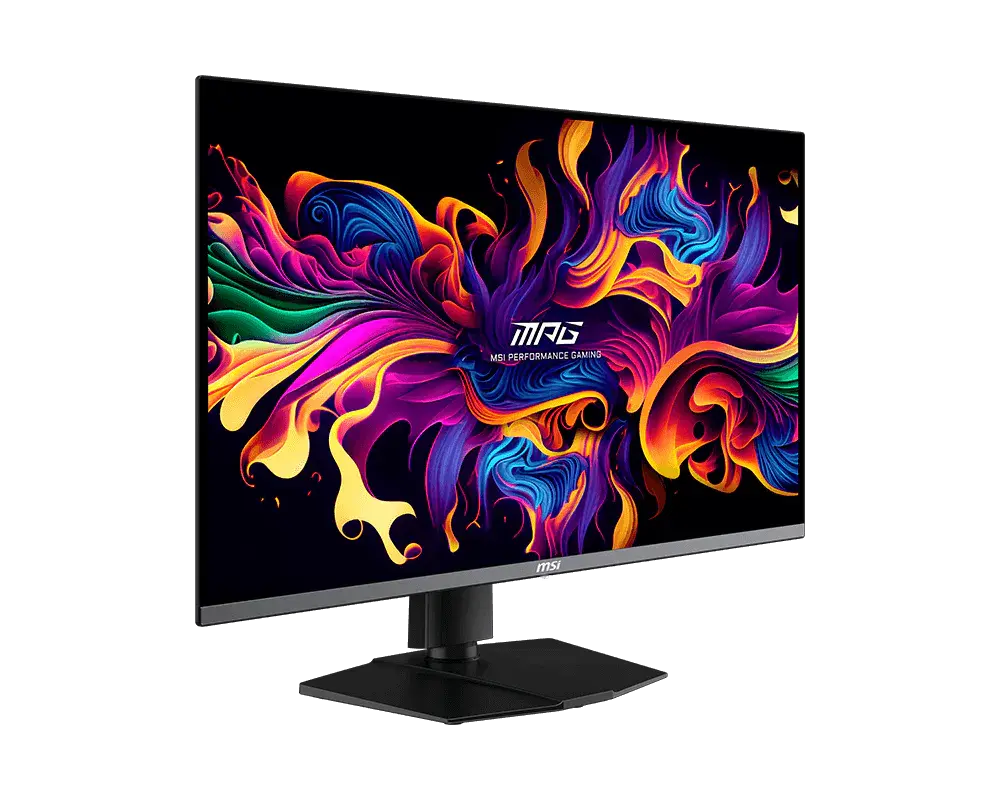 MSI MPG 322URX QD-OLED: one monitor with its supplied stand, shown from the front at an angle