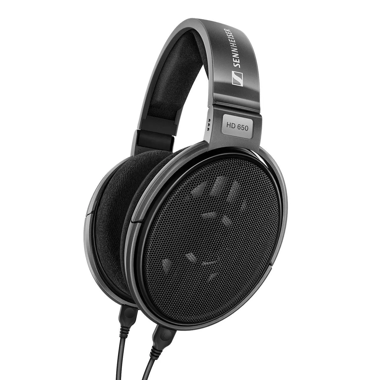 Sennheiser HD 650 headphones with the HD 650 badge, titanium-silver frame, black open grilles and detachable cable visible