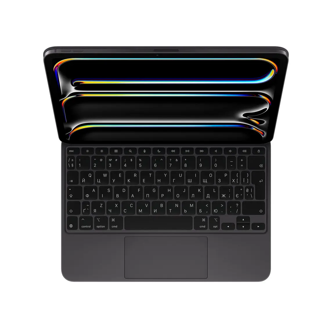 iPad Pro attached to Magic Keyboard, Black, black keys with white text, inverted T arrow keys, function key row, built-in trackpad