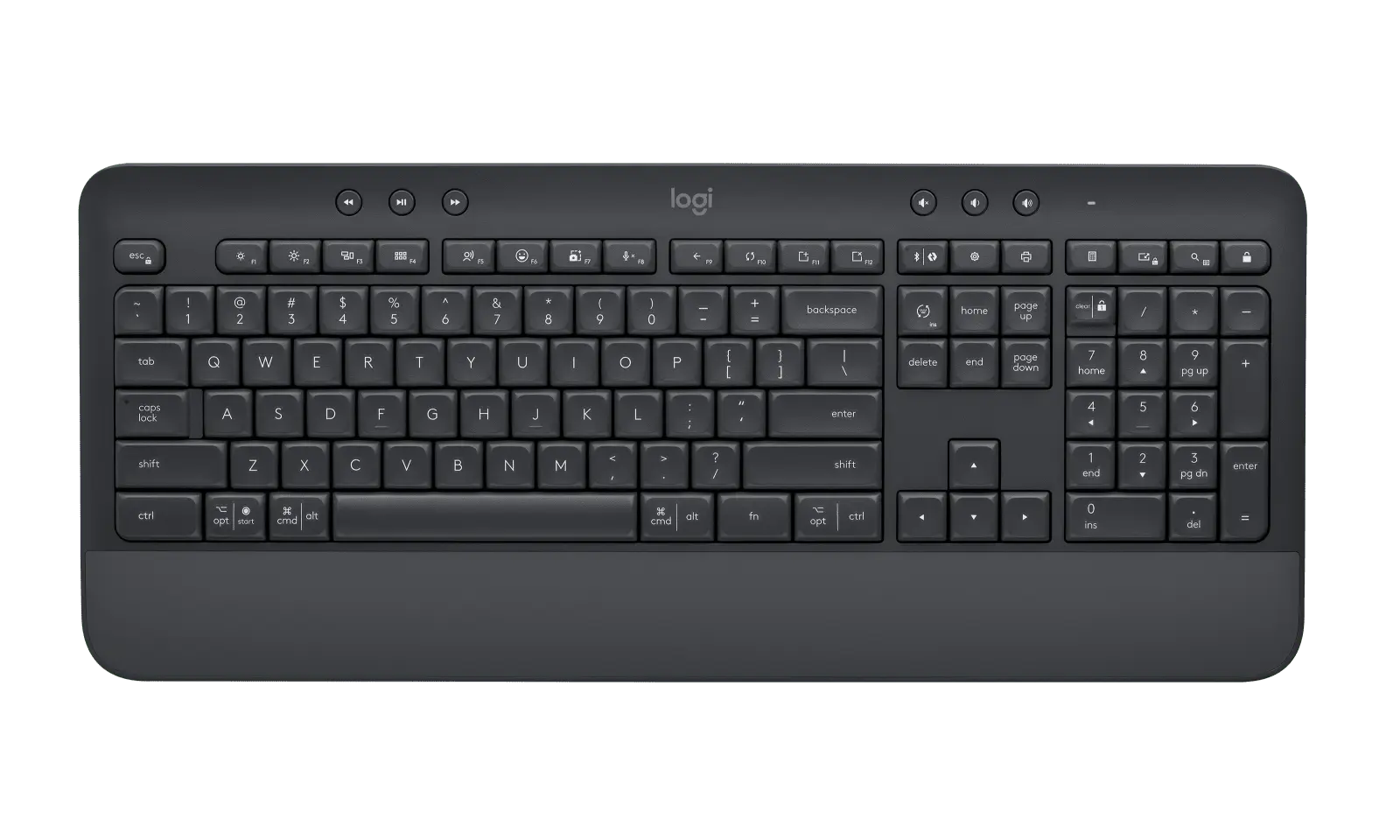 Logitech Signature K650 keyboard in Graphite with English US QWERTY (ANSI) layout and integrated palm rest, official top view