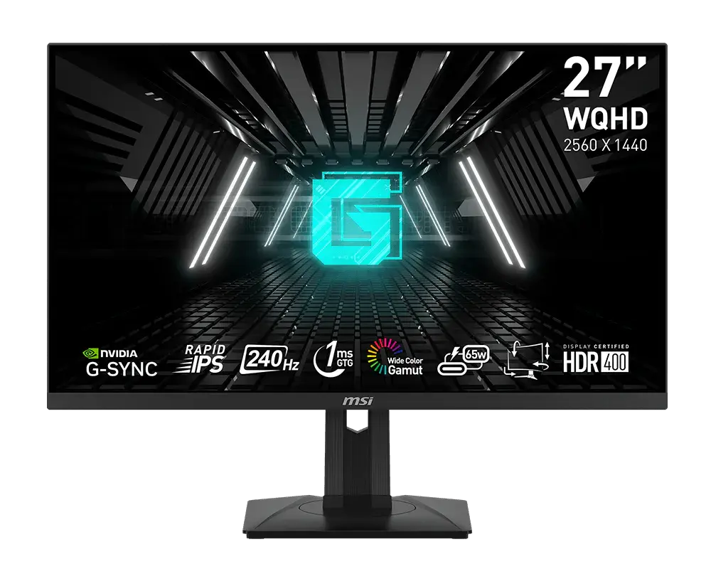 MSI G274QPX monitor on its supplied stand, official front view with manufacturer sample screen artwork