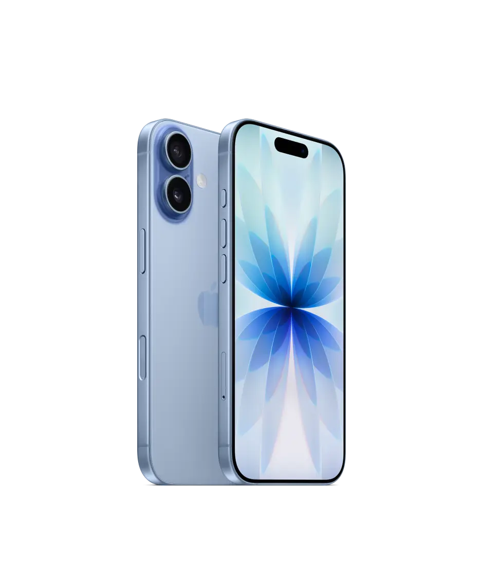 iPhone 17, back exterior, mist blue colour, Dual Fusion camera system, front exterior, all screen design, Dynamic Island, thin black display border, side exterior, Action button, volume buttons, Side button, Camera Control button