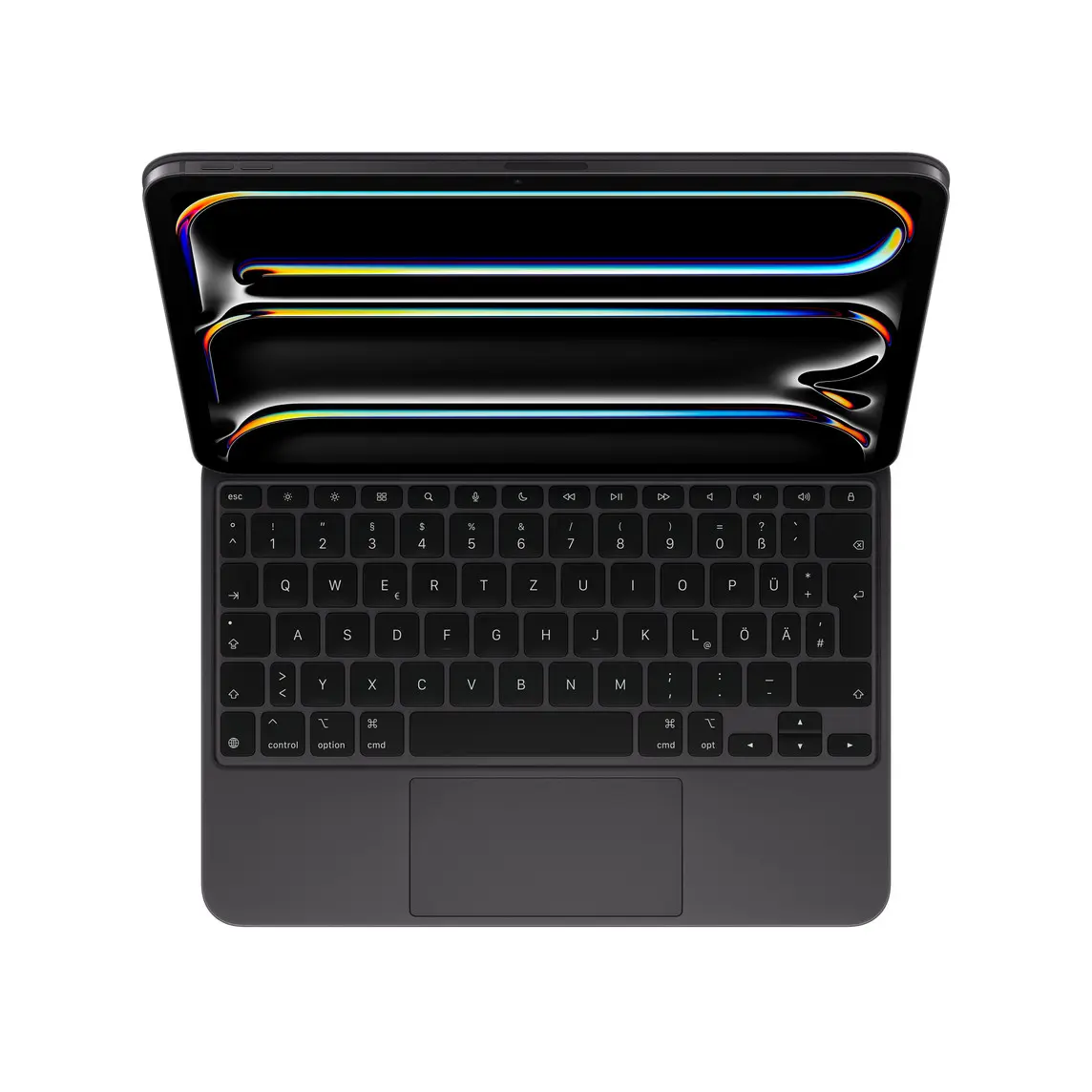 iPad Pro attached to Magic Keyboard, Black, black keys with white text, inverted T arrow keys, function key row, built-in trackpad