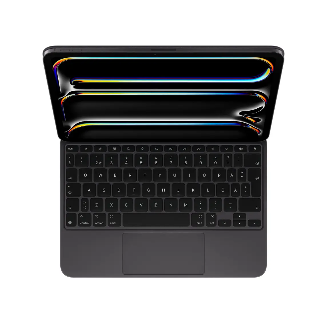 iPad Pro attached to Magic Keyboard, Black, black keys with white text, inverted T arrow keys, function key row, built-in trackpad