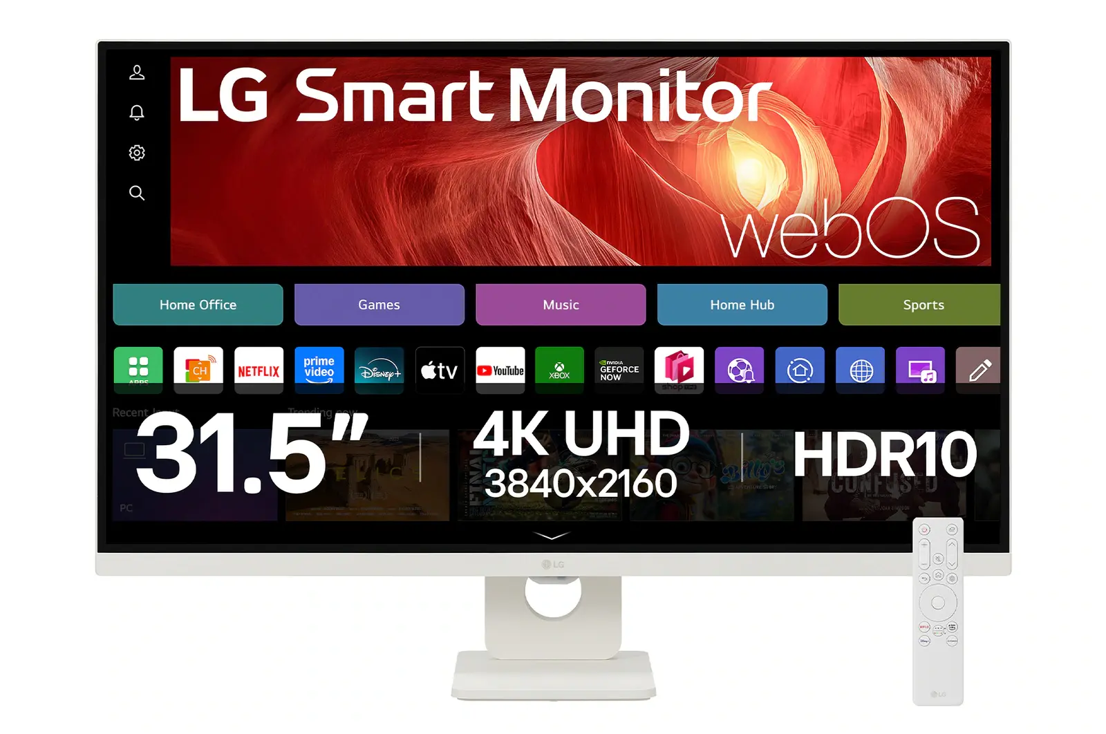 Front view of 32” LG Smart Monitor, 4K UHD Display, webOS, Screen Share, Bluetooth, USB-C (PD 65W), White 32U721SA-W