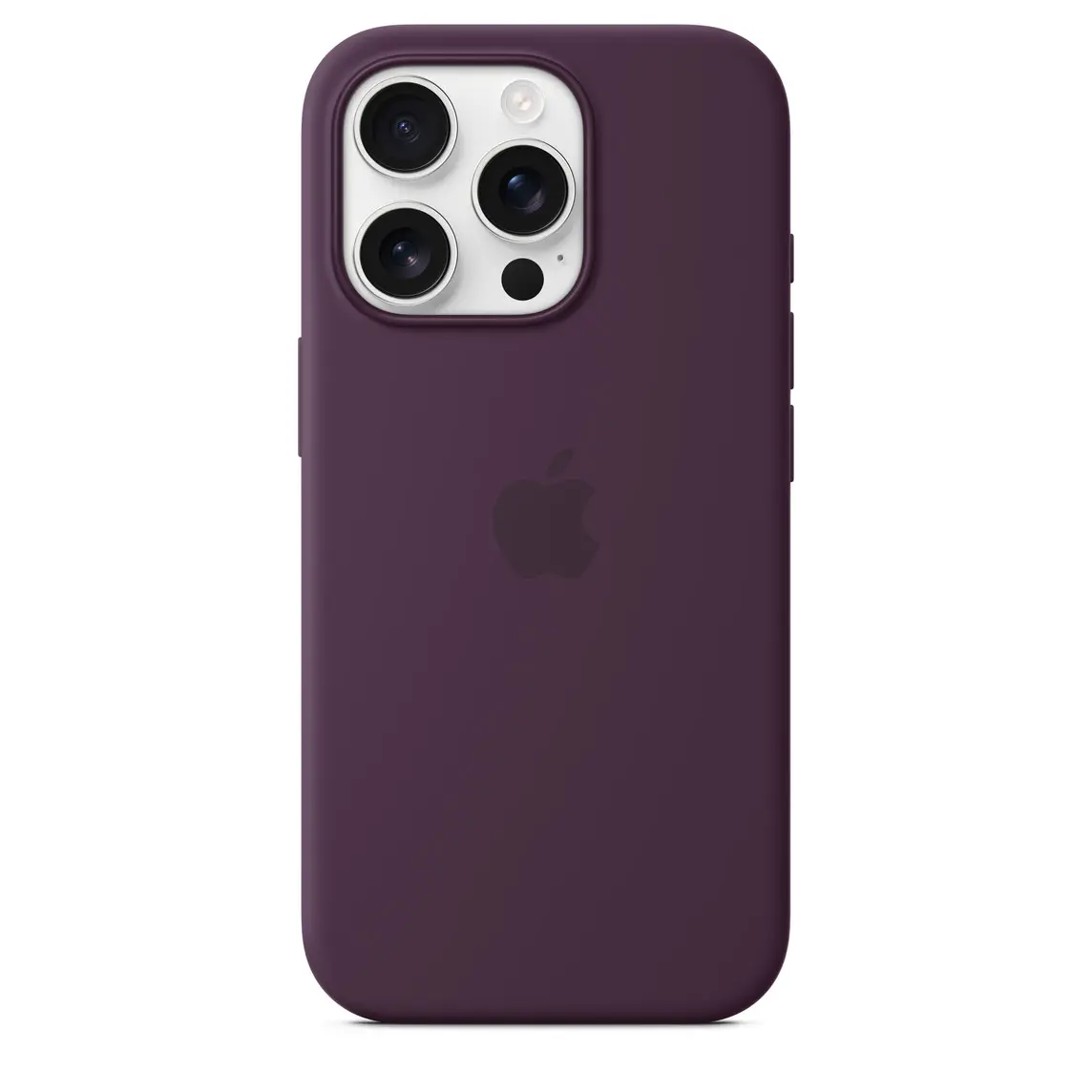 iPhone 16 Pro Silicone Case with MagSafe in Plum, embedded Apple logo in centre, attached to iPhone 16 Pro Desert Titanium finish, seen through camera cutout.