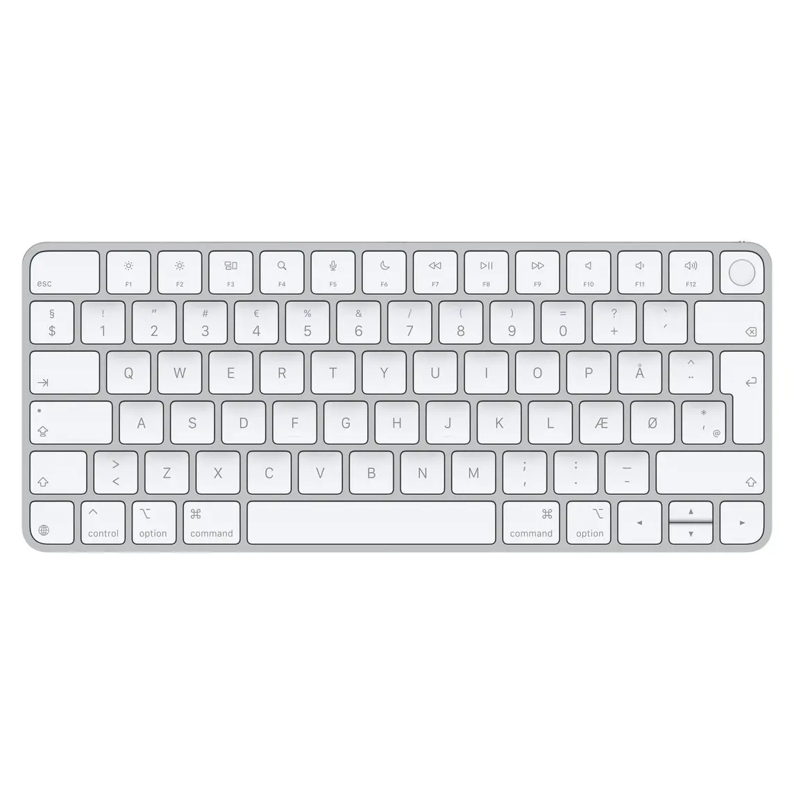 Magic Keyboard, white keys, silver aluminium structure, full-height function keys, half-height up and down arrow keys
