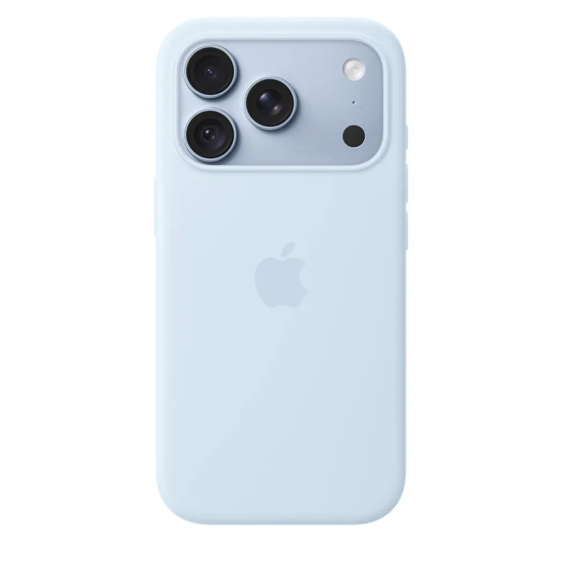 iPhone 18 Pro Silicone Case with MagSafe in crisp blue colour (light blue), back exterior, embedded Apple logo in centre, attached to iPhone 18 Pro in glacier colour (light blue), visible through camera cutout