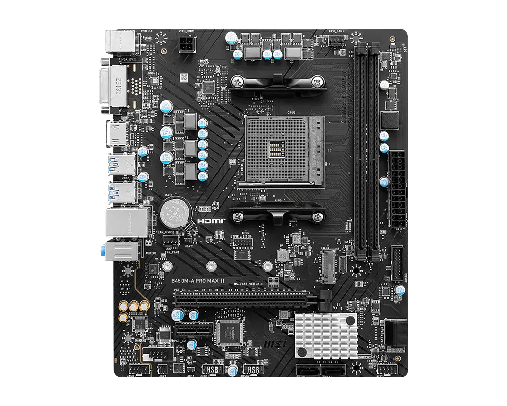 MSI B450M-A PRO MAX II motherboard, top view of the exact global model; CPU and memory are not installed