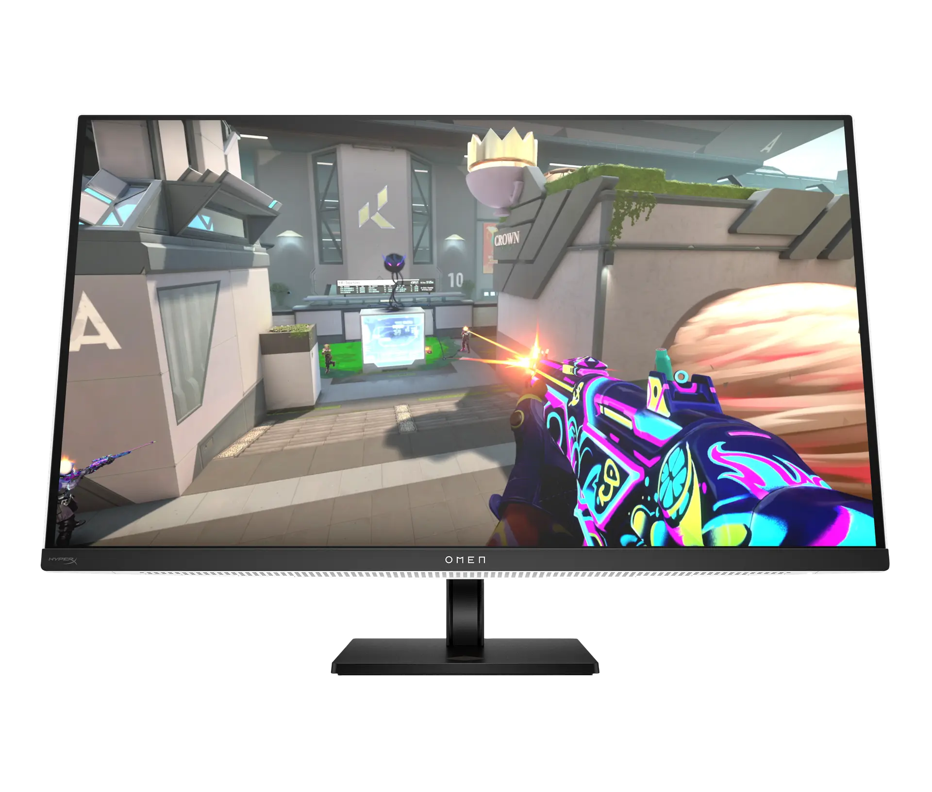 HP OMEN Transcend 32 OLED monitor from the front on its black stand, OMEN logo on the chin and a game scene on screen.