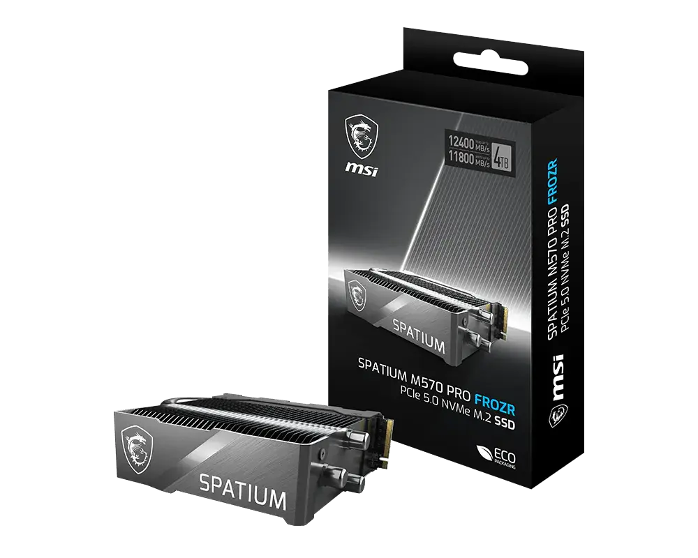 MSI SPATIUM M570 PRO FROZR SSD with its towered heatsink beside the 4 TB retail box
