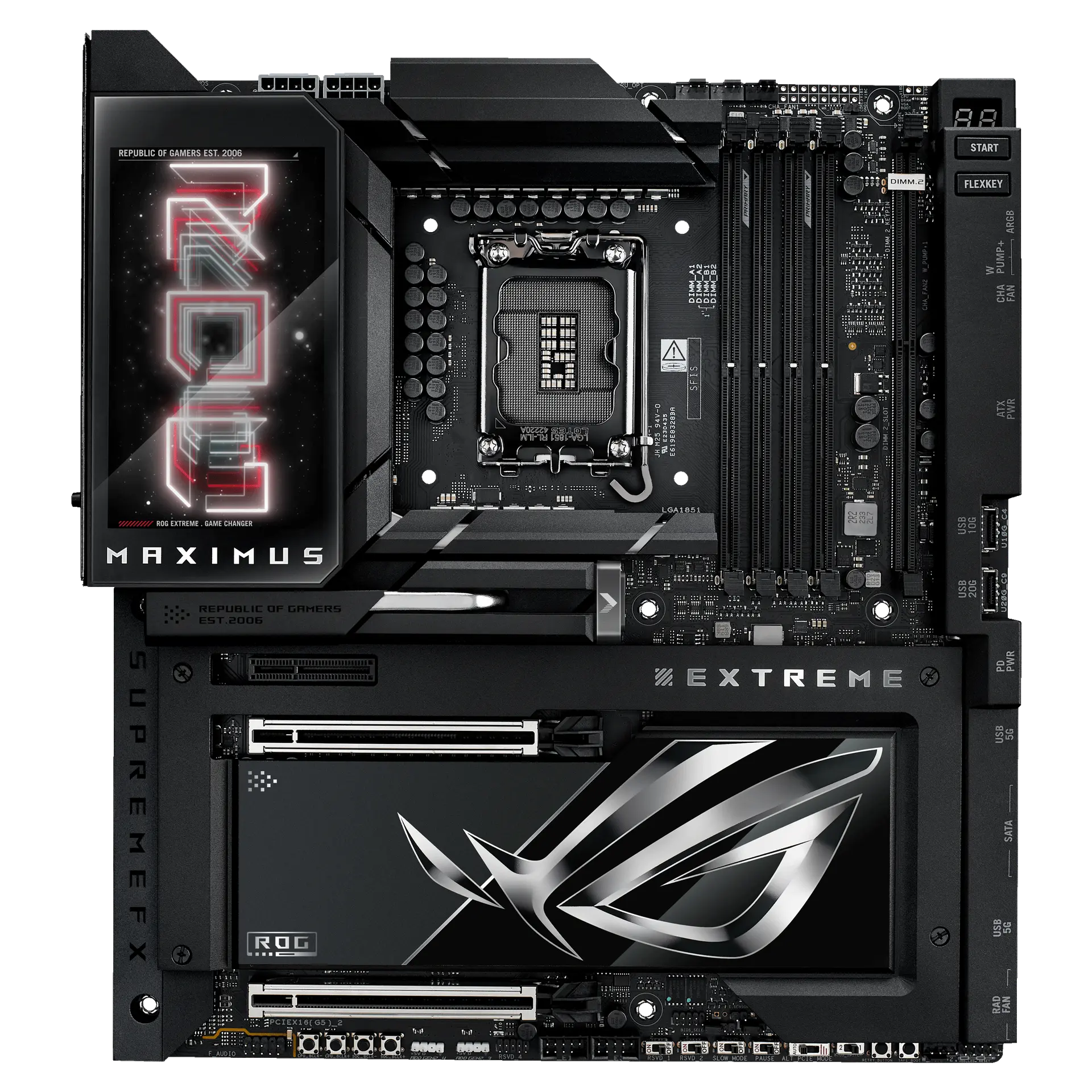 ASUS ROG MAXIMUS Z890 EXTREME motherboard, official front view showing its exact board layout, processor socket, memory slots and heatsinks.