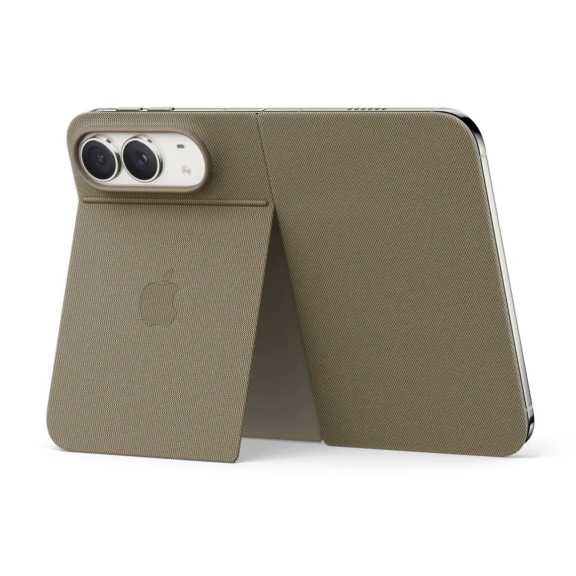 iPhone Duo Folio with Kickstand in taupe colour (brownish-grey), landscape orientation, fully unfolded, back exterior, kickstand extended with centred Apple logo, iPhone Duo in star white colour visible through camera cutout