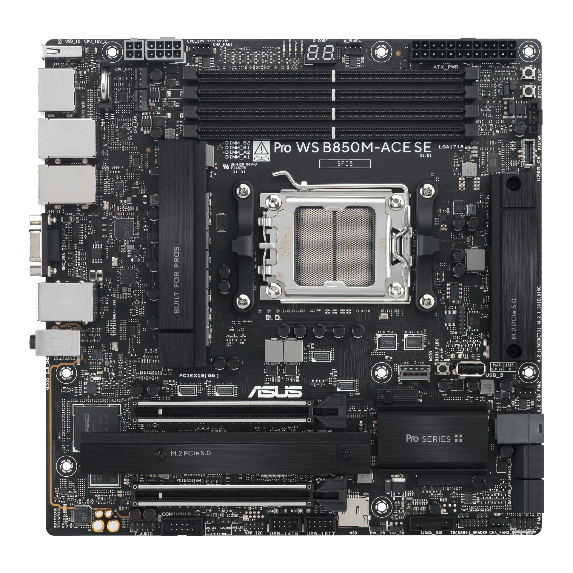 ASUS Pro WS B850M-ACE SE micro-ATX workstation motherboard, official front view showing its exact board layout, AM5 processor socket, four memory slots and heatsinks.