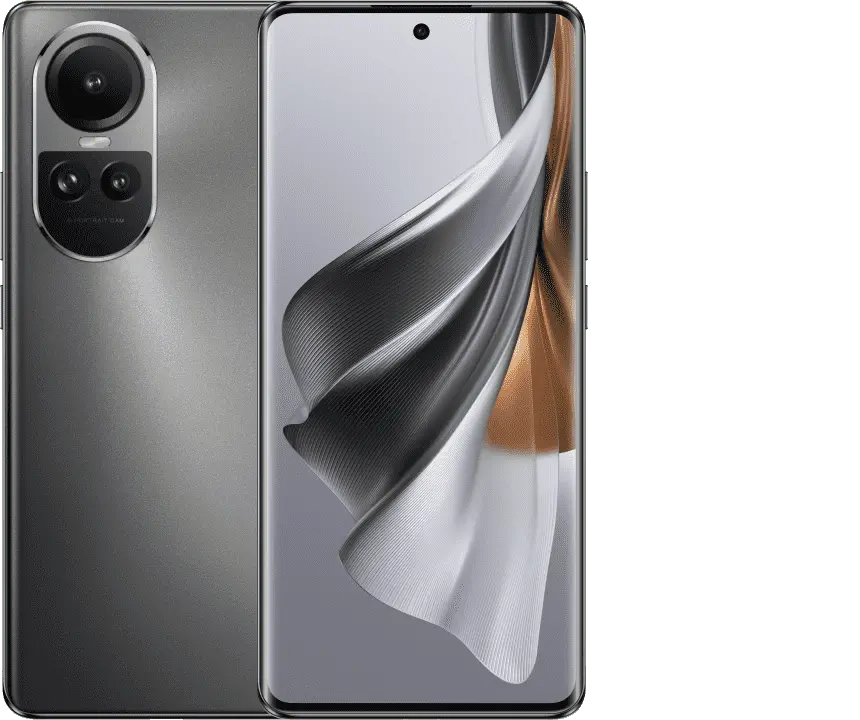 OPPO Reno10 5G — official manufacturer reference image for UK CPH2531; selected specification colour Silvery Grey