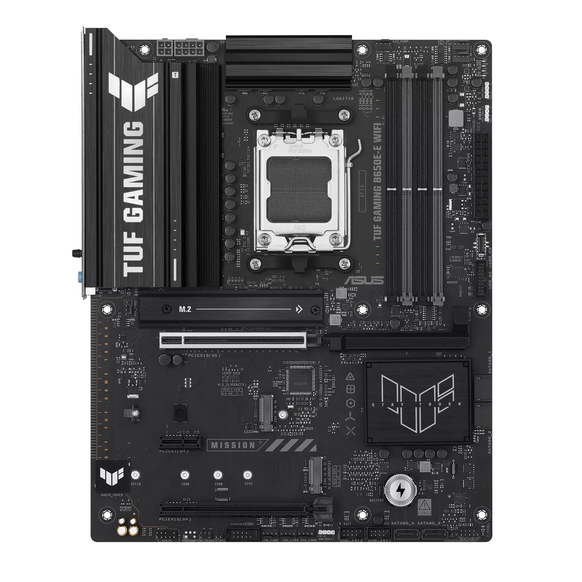 ASUS TUF GAMING B650E-E WIFI motherboard, official front view showing its exact board layout, AM5 processor socket, four memory slots and heatsinks.