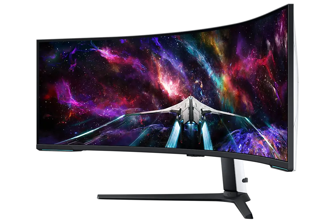 Samsung Odyssey Neo G9 G95NC 57-inch monitor, official exact-model gallery view showing the screen and supplied stand.