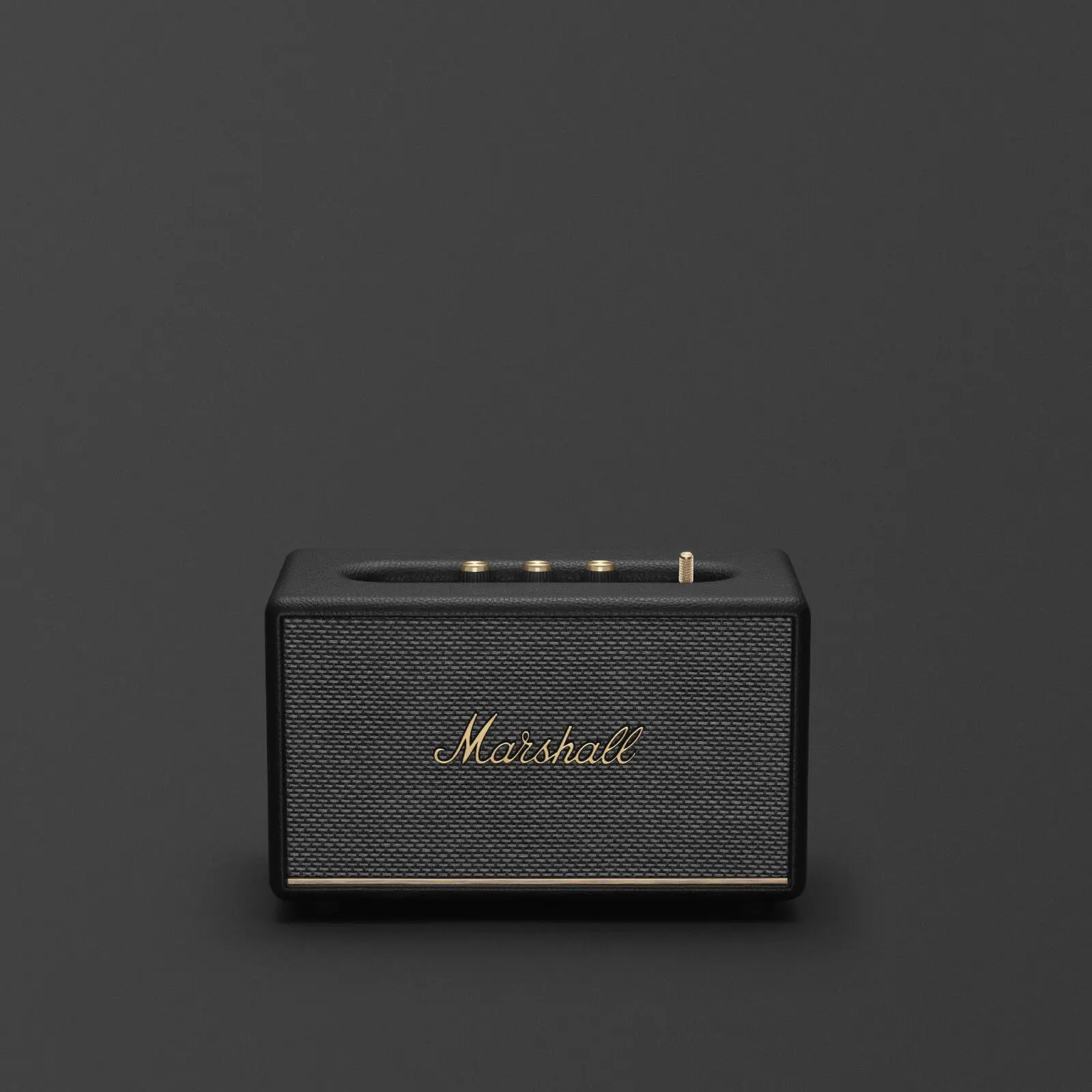 Marshall Acton III home speaker in black, front view with textured black grille, gold Marshall script and gold control knobs on the top panel