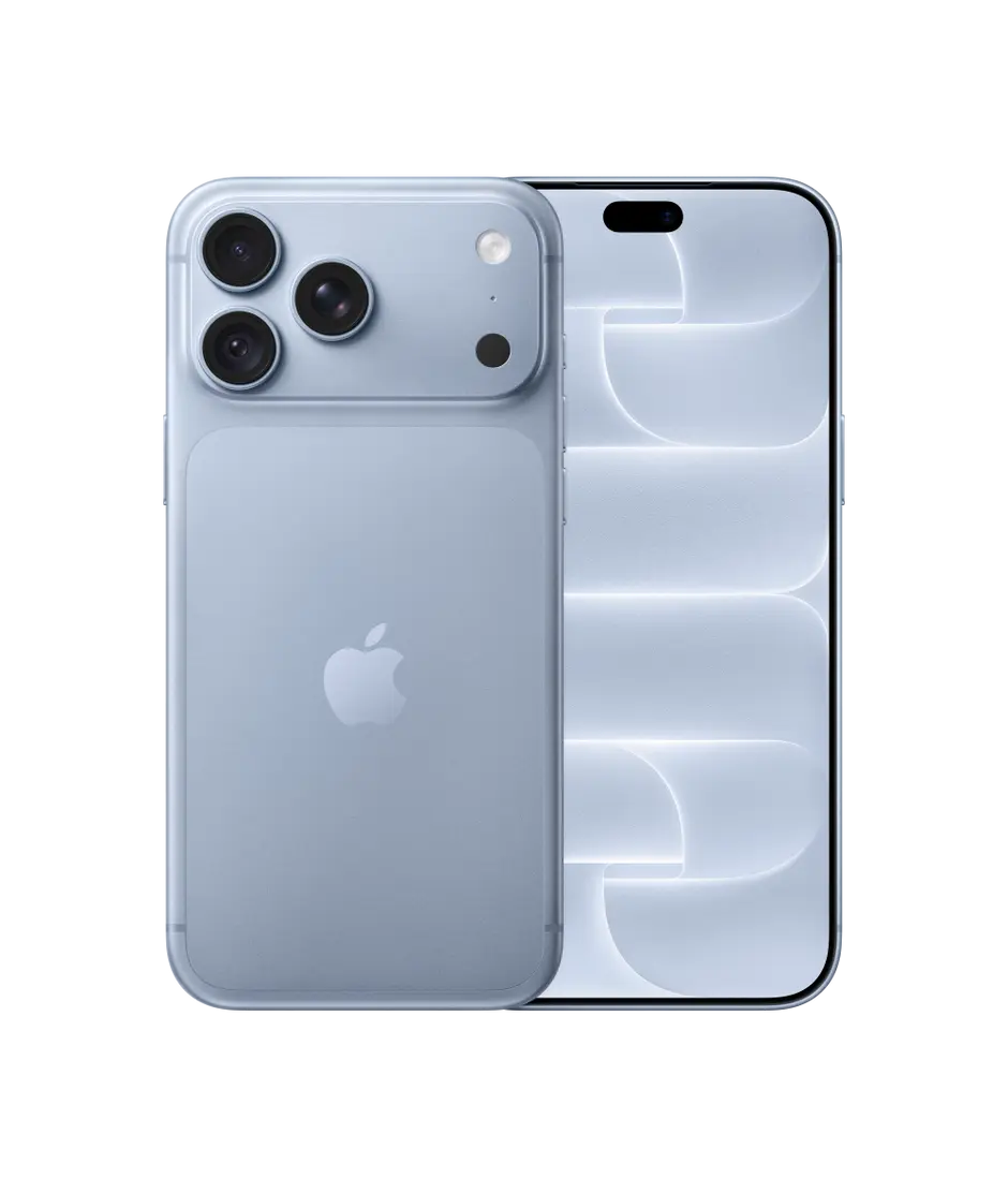 iPhone 18 Pro Max, back exterior, glacier colour (light blue), Pro Fusion camera system at top, Apple logo in centre, front exterior, all-screen design, Dynamic Island at top centre