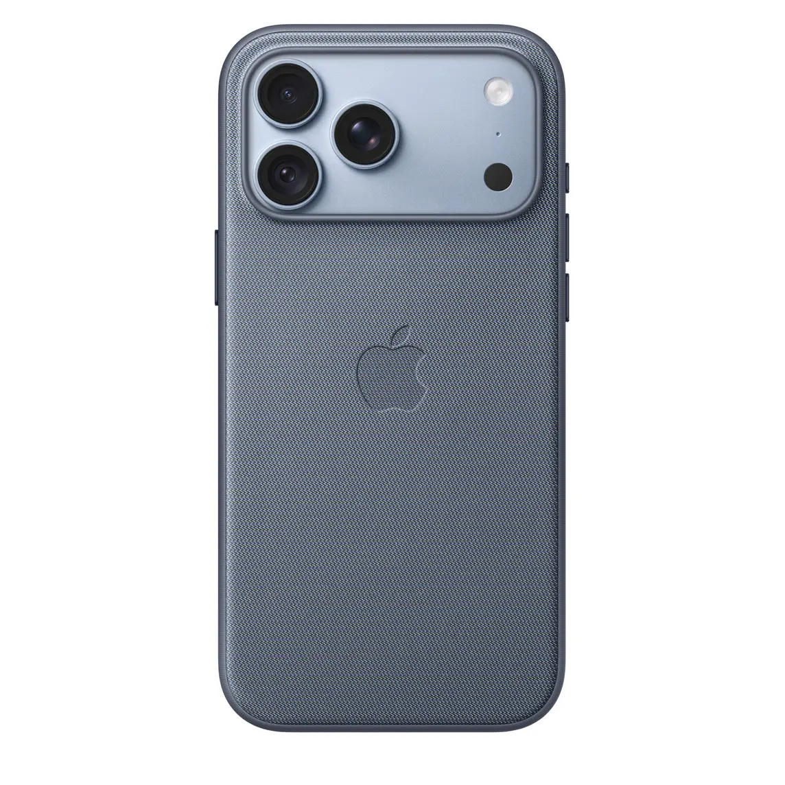 iPhone 18 Pro Max TechWoven Case with MagSafe in chambray blue colour (bluish-grey), back exterior, embedded Apple logo in centre, attached to iPhone 18 Pro Max in glacier colour (light blue), visible through camera cutout