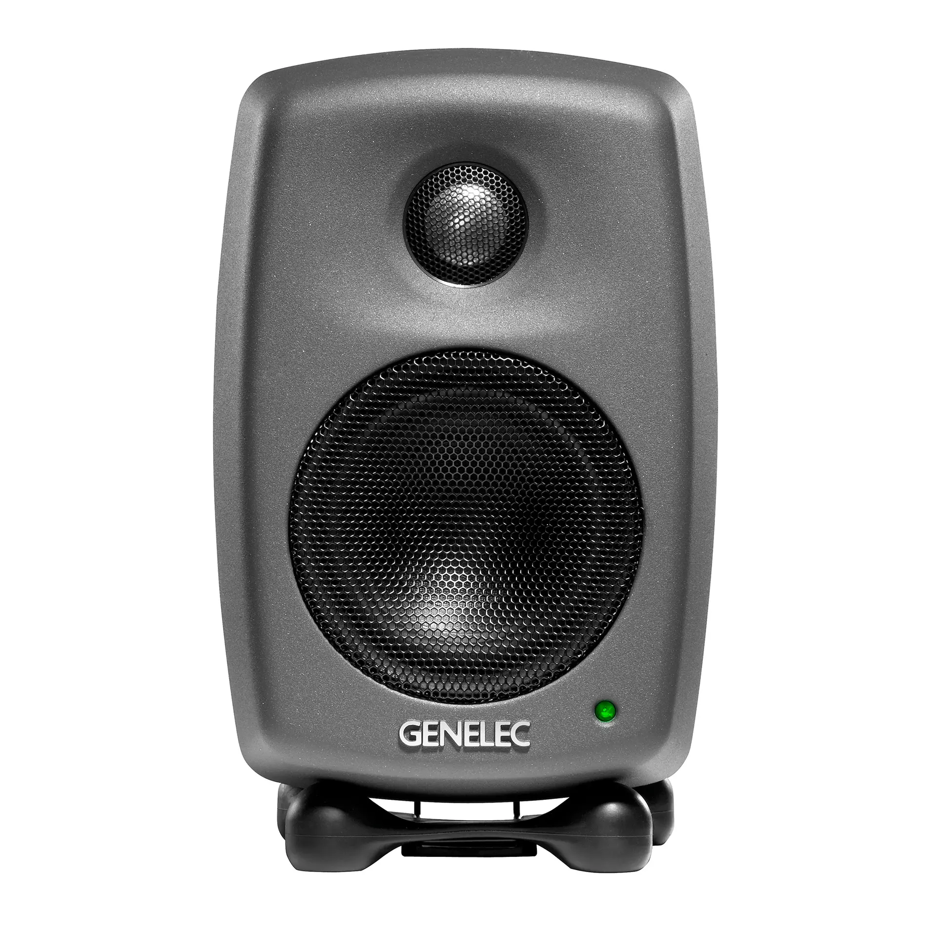 Front view of a dark grey Genelec 8010A studio monitor on its Iso-Pod stand