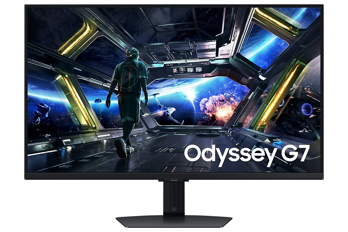 Samsung Odyssey G7 G70D 32-inch monitor, official exact-model gallery view showing the screen and supplied stand.