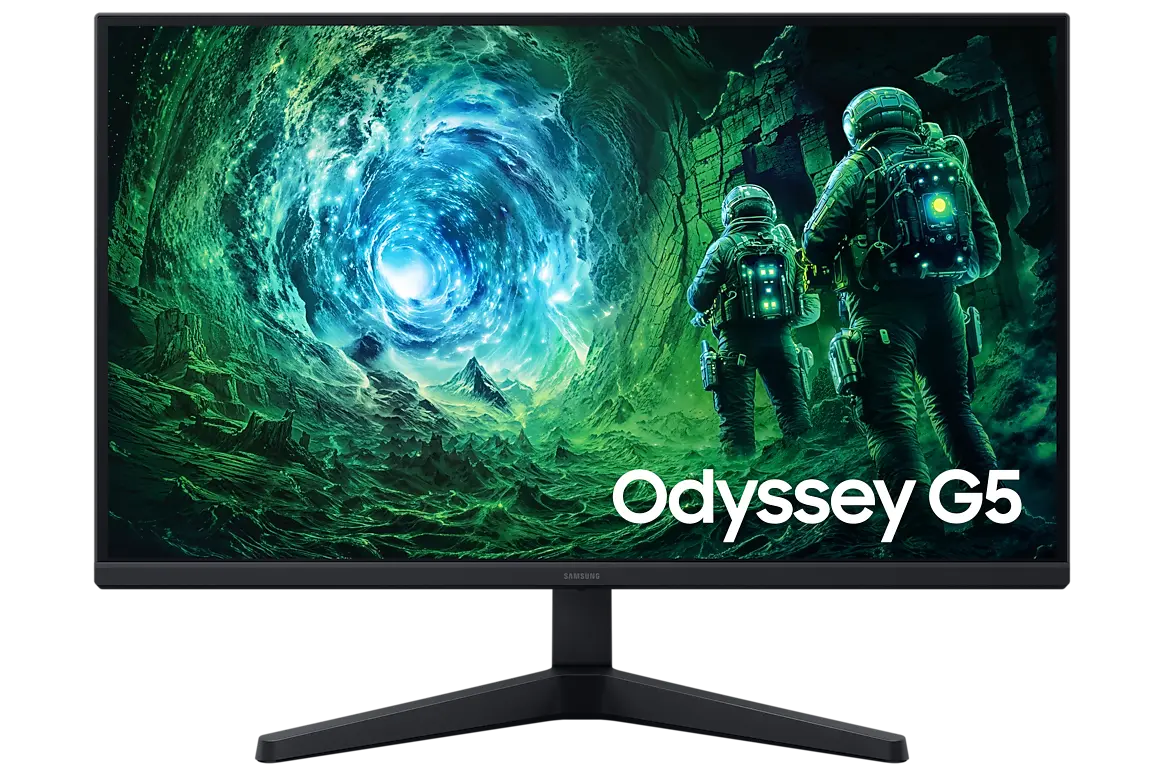 Samsung Odyssey G5 G53F 27-inch monitor, official exact-model gallery view showing the screen and supplied stand.