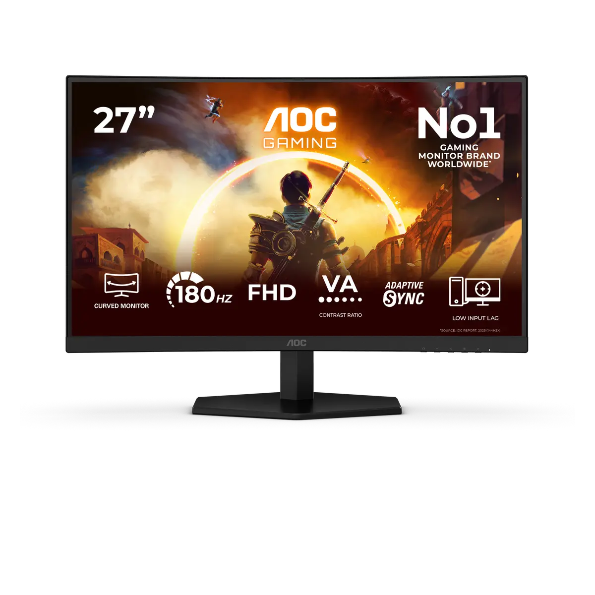 AOC C27G42FE monitor, official exact-model gallery view showing the screen and supplied stand.