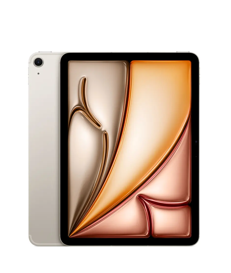 iPad Air, Wi-Fi + Cellular, back exterior, Starlight, single-lens camera, iPad Air, front exterior, black display bezel, rounded corners