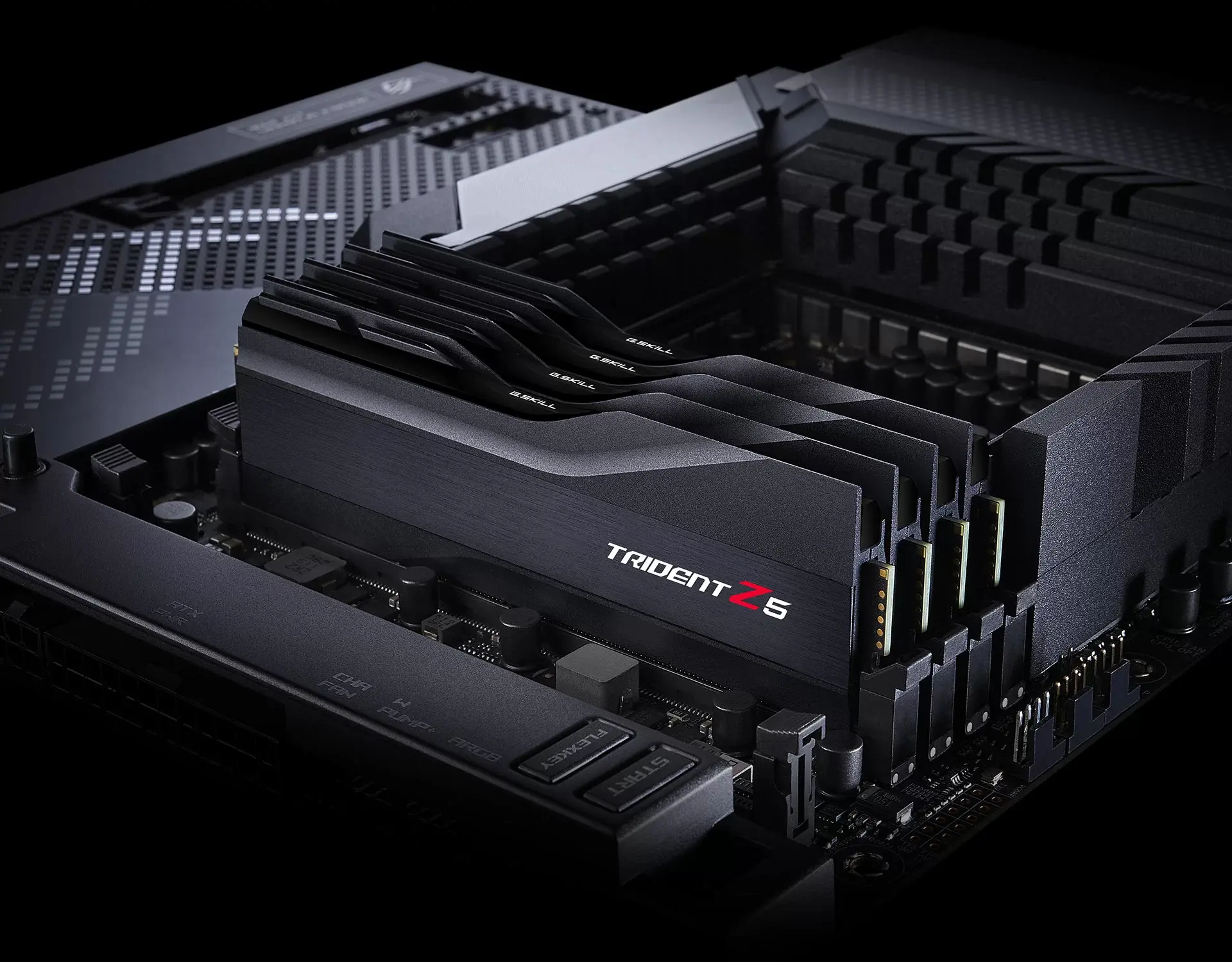Four matte black G.SKILL Trident Z5 DDR5 modules installed on a motherboard