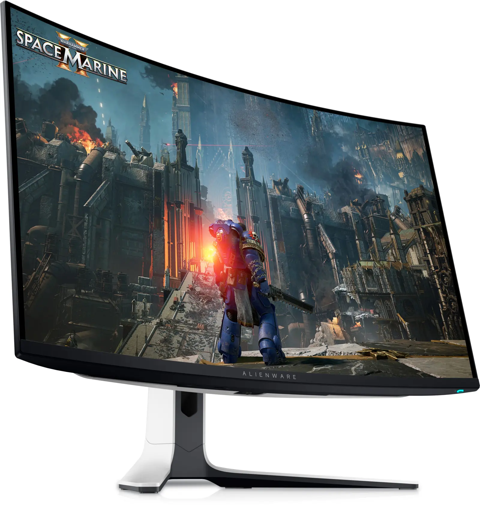 Alienware AW3225QF 32-inch curved monitor, front-left angled view on its white and black height-adjustable stand, with game artwork on screen.