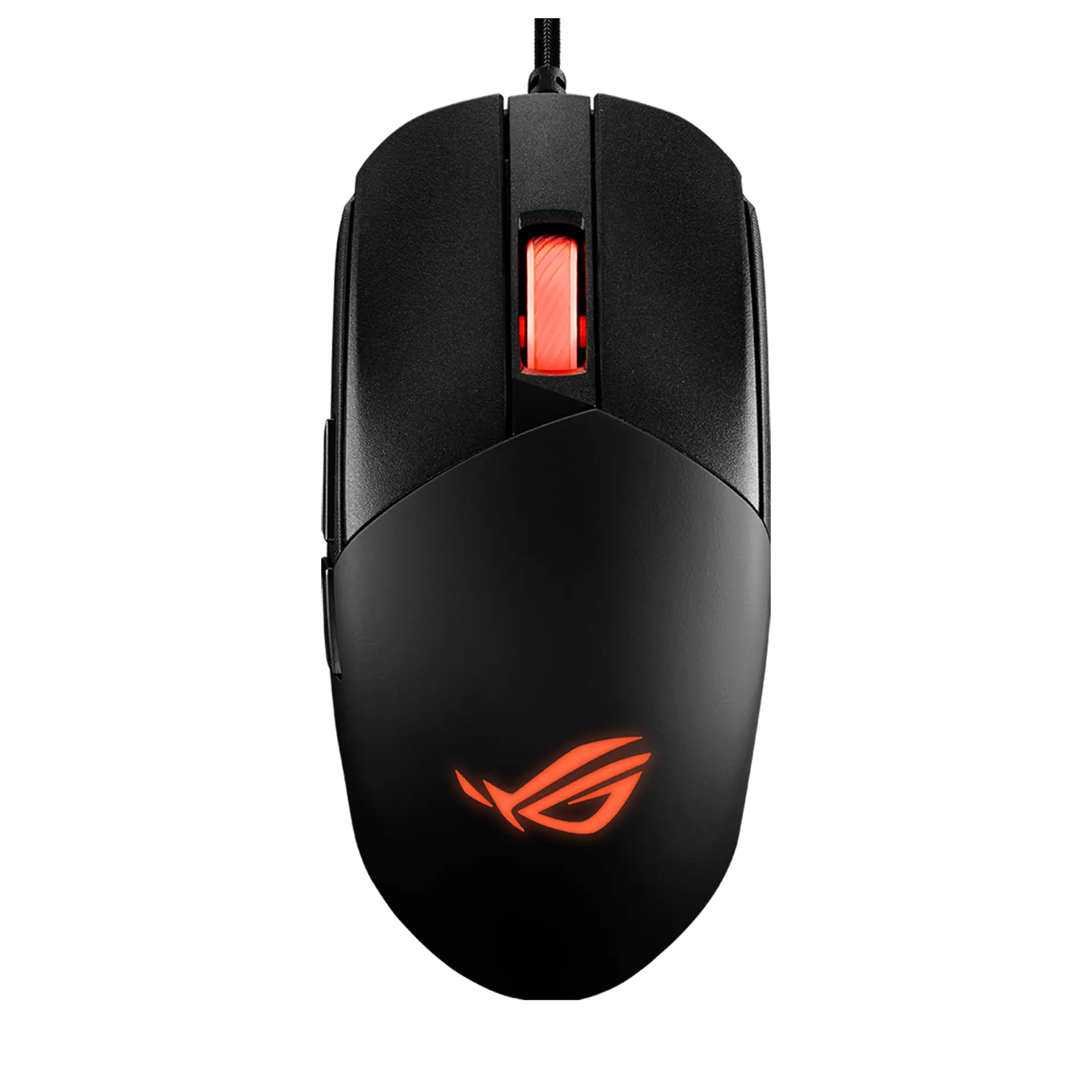 ASUS ROG Strix Impact III wired mouse in black, top view showing the red-lit scroll wheel and ROG logo, left side buttons and braided cable