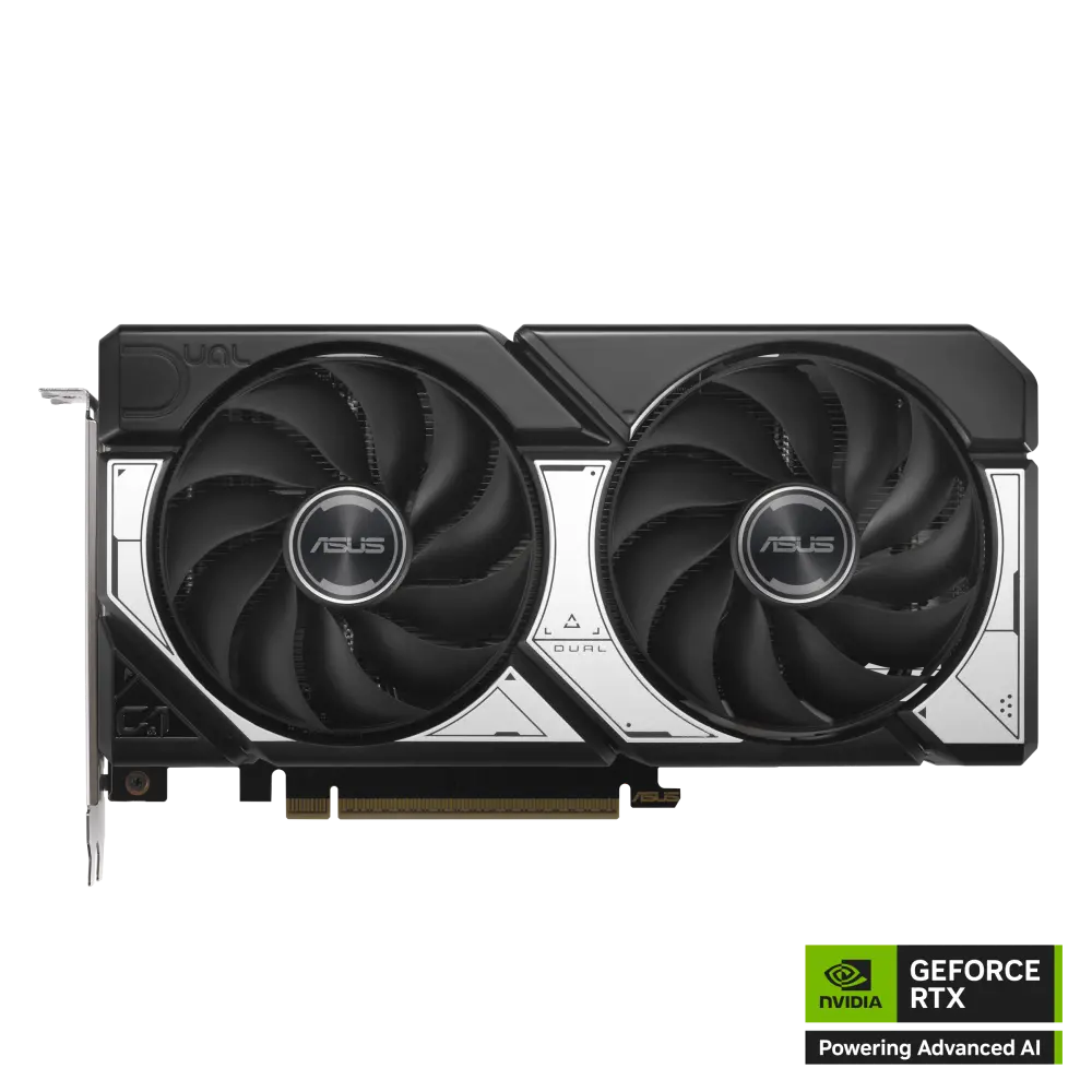 ASUS Dual GeForce RTX 5060 Ti 16GB GDDR7 OC Edition graphics card, front view of the fans and shroud
