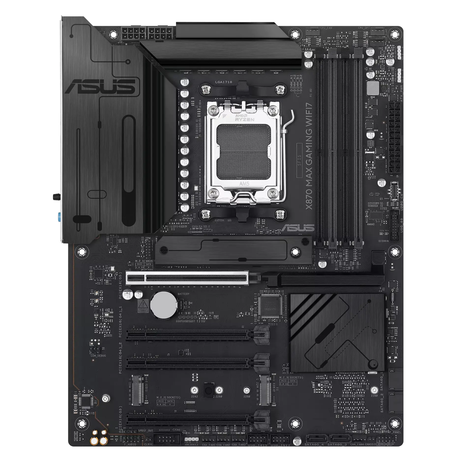 ASUS X870 MAX GAMING WIFI7 motherboard, official front view showing its exact board layout, AM5 processor socket, four memory slots and heatsinks.