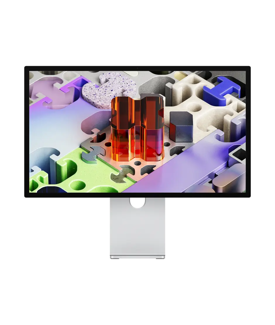 Apple Studio Display XDR front view with height-adjustable silver stand and XDR artwork