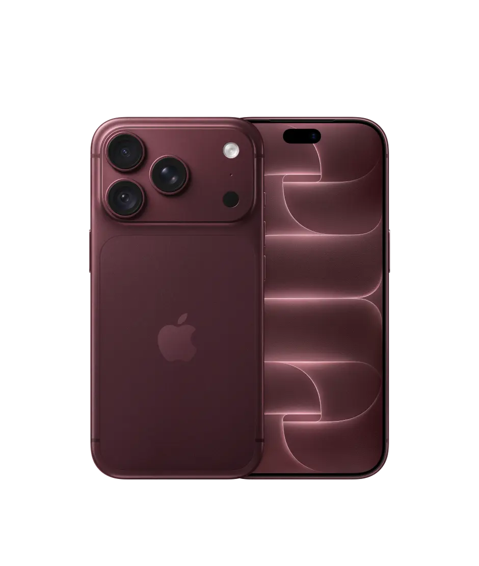 iPhone 18 Pro, back exterior, burgundy colour (dark red), Pro Fusion camera system at top, Apple logo in centre, front exterior, all-screen design, Dynamic Island at top centre