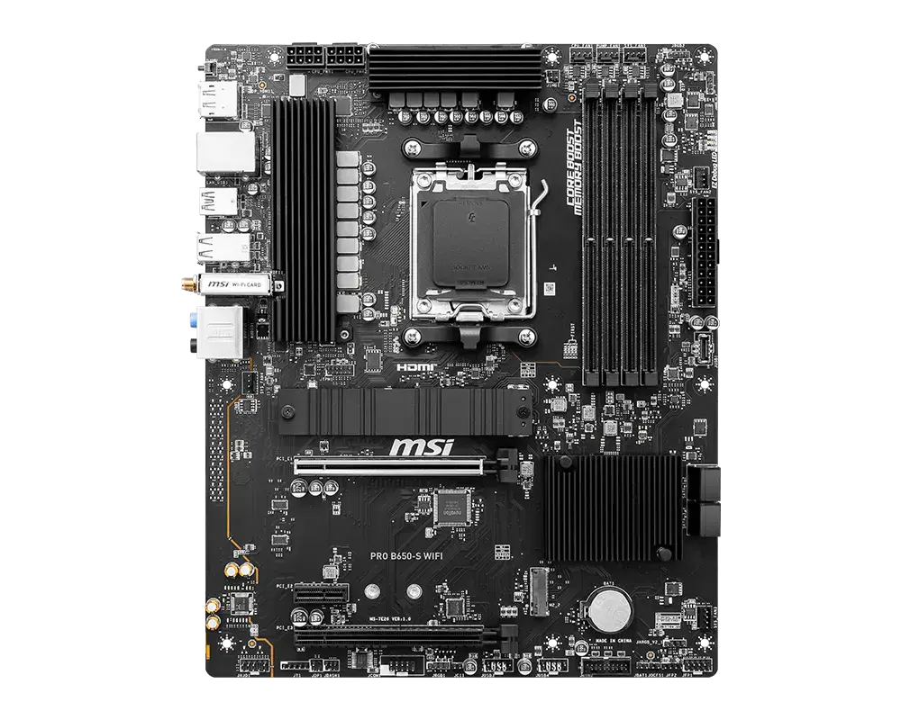 MSI PRO B650-S WIFI motherboard, top view of the exact global model; CPU and memory are not installed