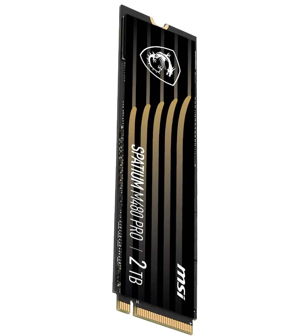 MSI SPATIUM M480 PRO 2 TB M.2 2280 SSD, upright angled view showing the 2 TB label