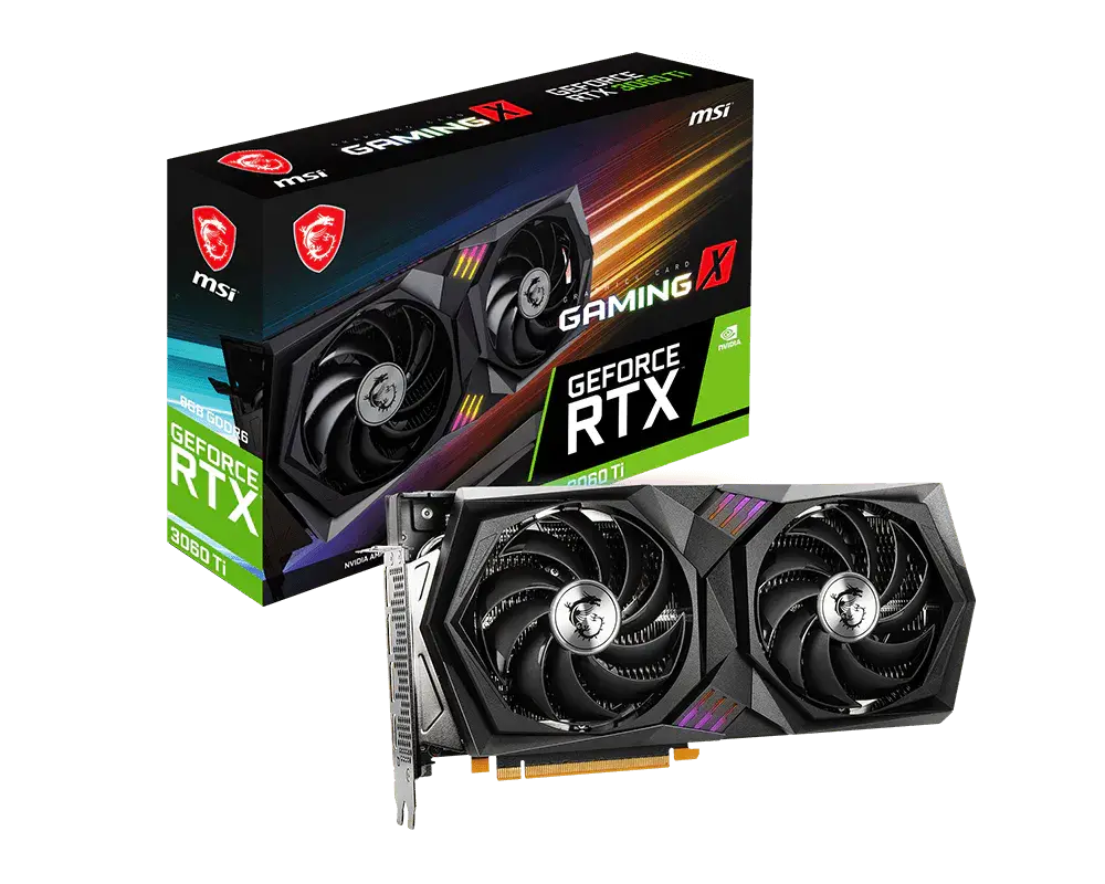 MSI GeForce RTX 3060 Ti GAMING X: one graphics card beside its exact model retail box