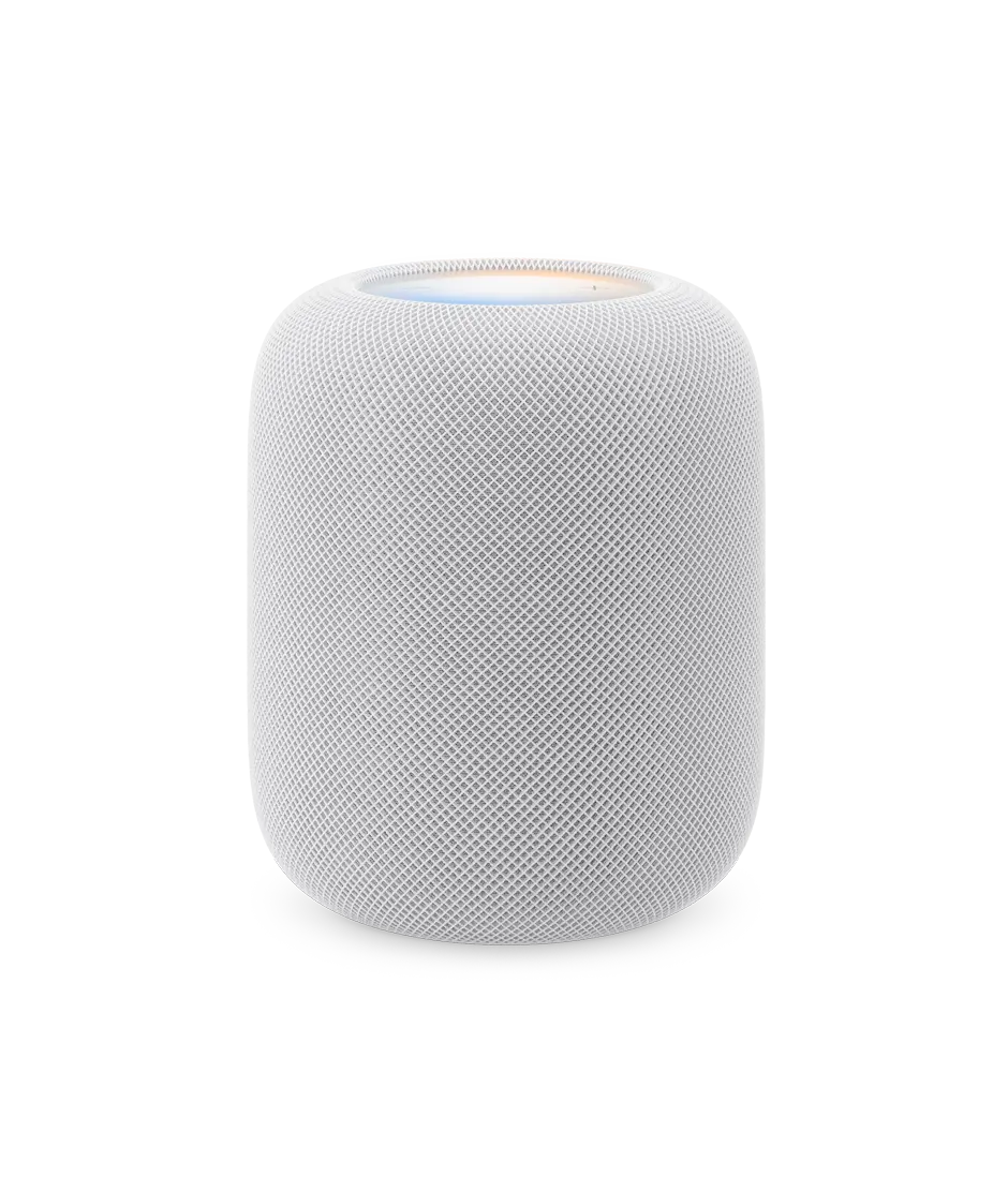 HomePod, white colour, front exterior, cylindrical design, seamless acoustic mesh fabric. Top exterior, flat backlit touch surface, multi-coloured illumination