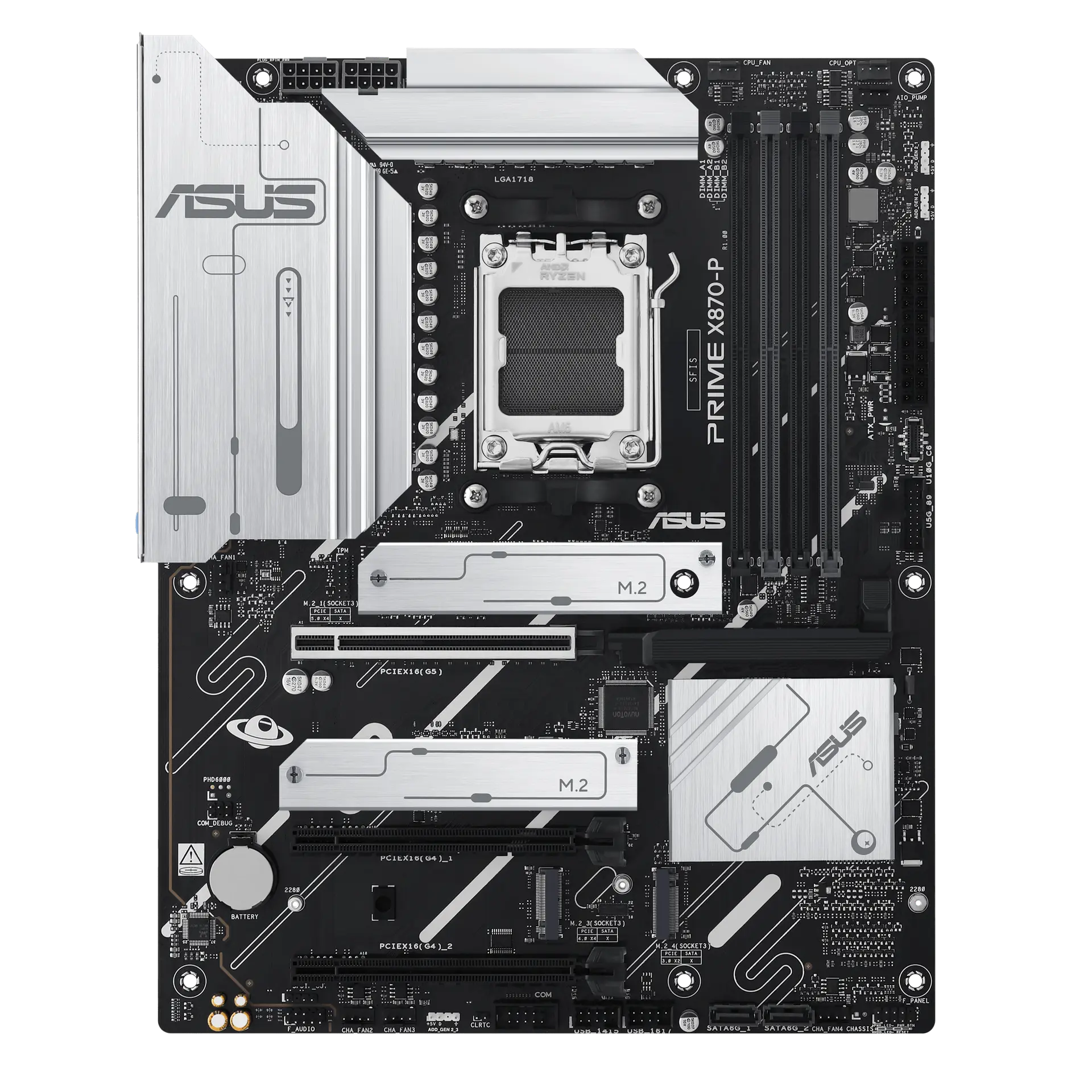 ASUS PRIME X870-P motherboard, official front view showing its exact board layout, processor socket, memory slots and heatsinks.