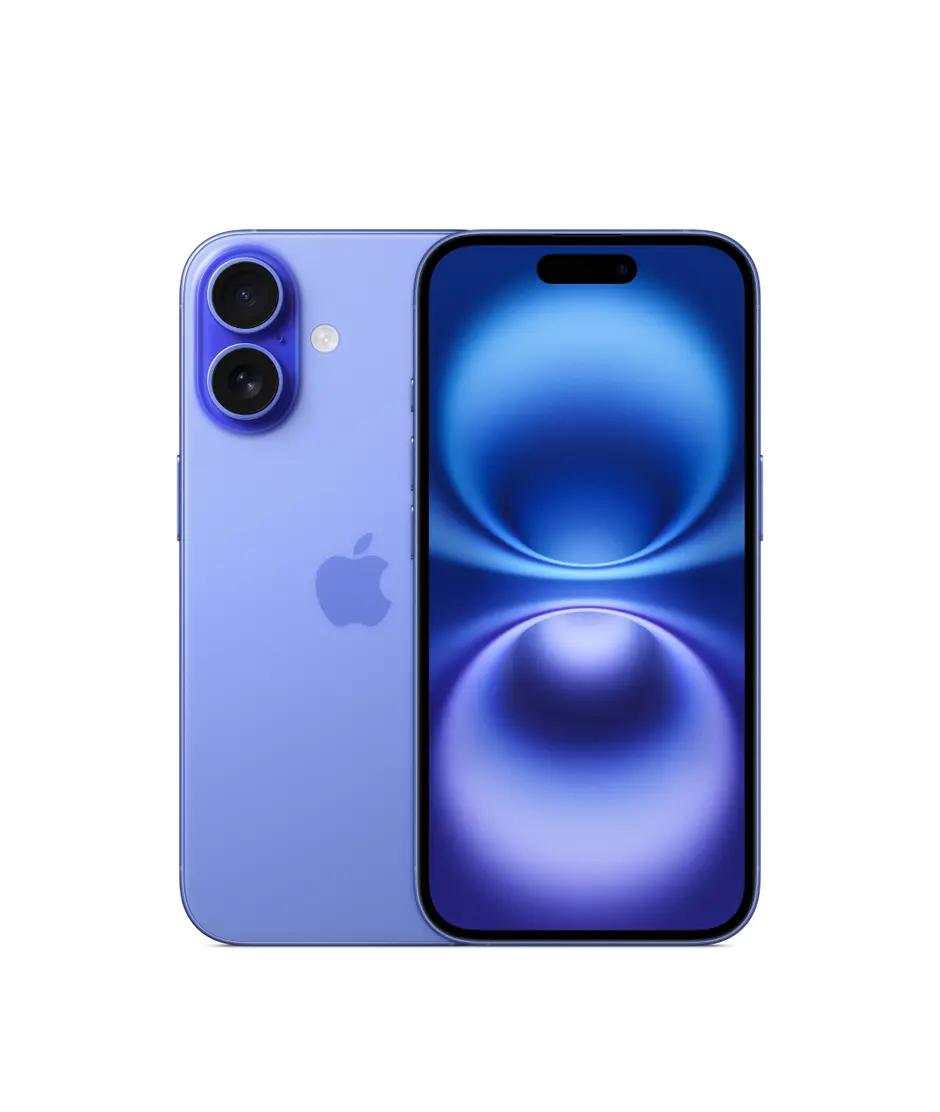 iPhone 16, back exterior, Ultramarine finish, camera system, front exterior, all-screen design, Dynamic Island, thin black display border.