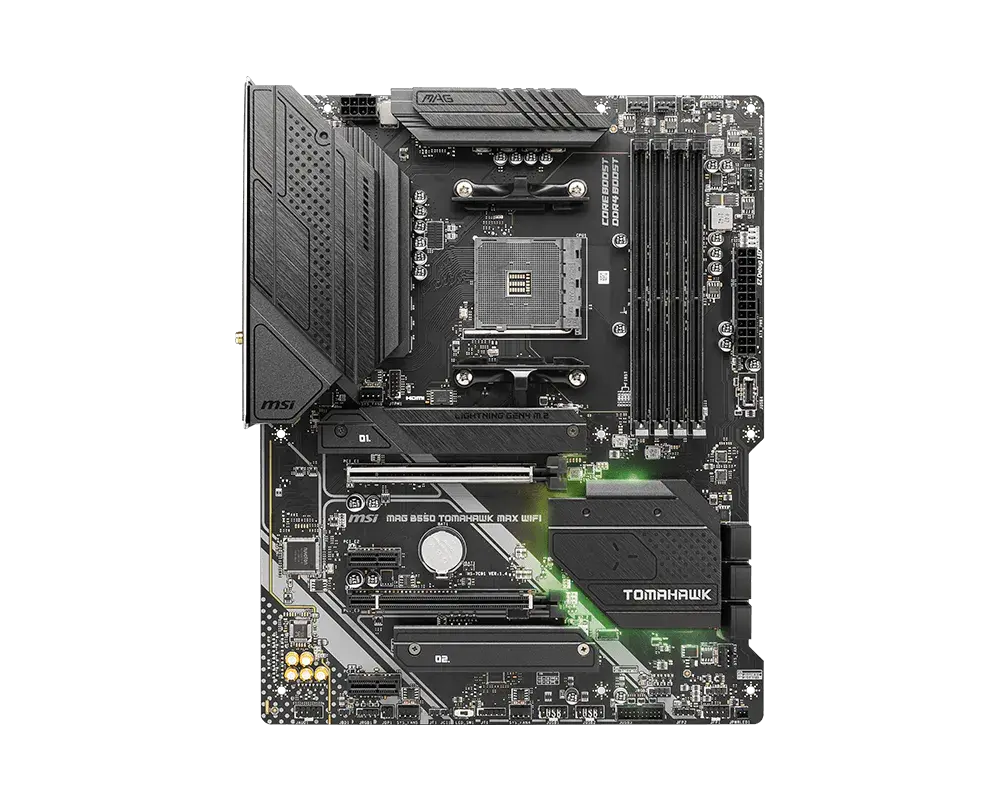 MSI MAG B550 TOMAHAWK MAX WIFI motherboard, top view of the exact global model; CPU and memory are not installed