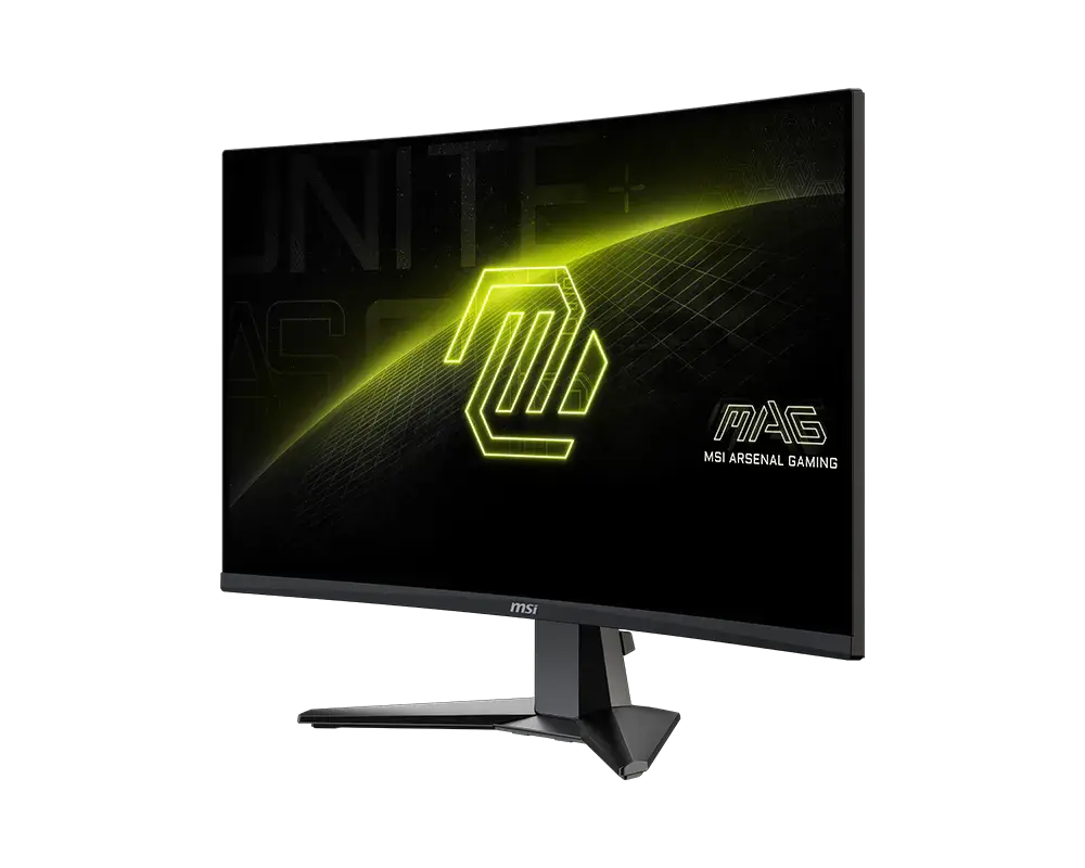 MSI MAG 27CQ6F: one monitor with its supplied stand, shown from the front at an angle