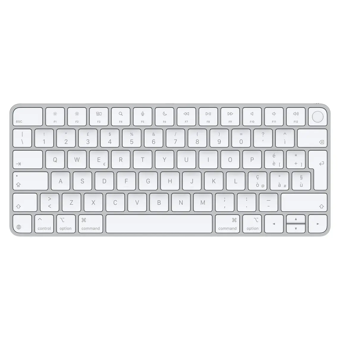 Magic Keyboard, white keys, silver aluminium structure, full-height function keys, half-height up and down arrow keys