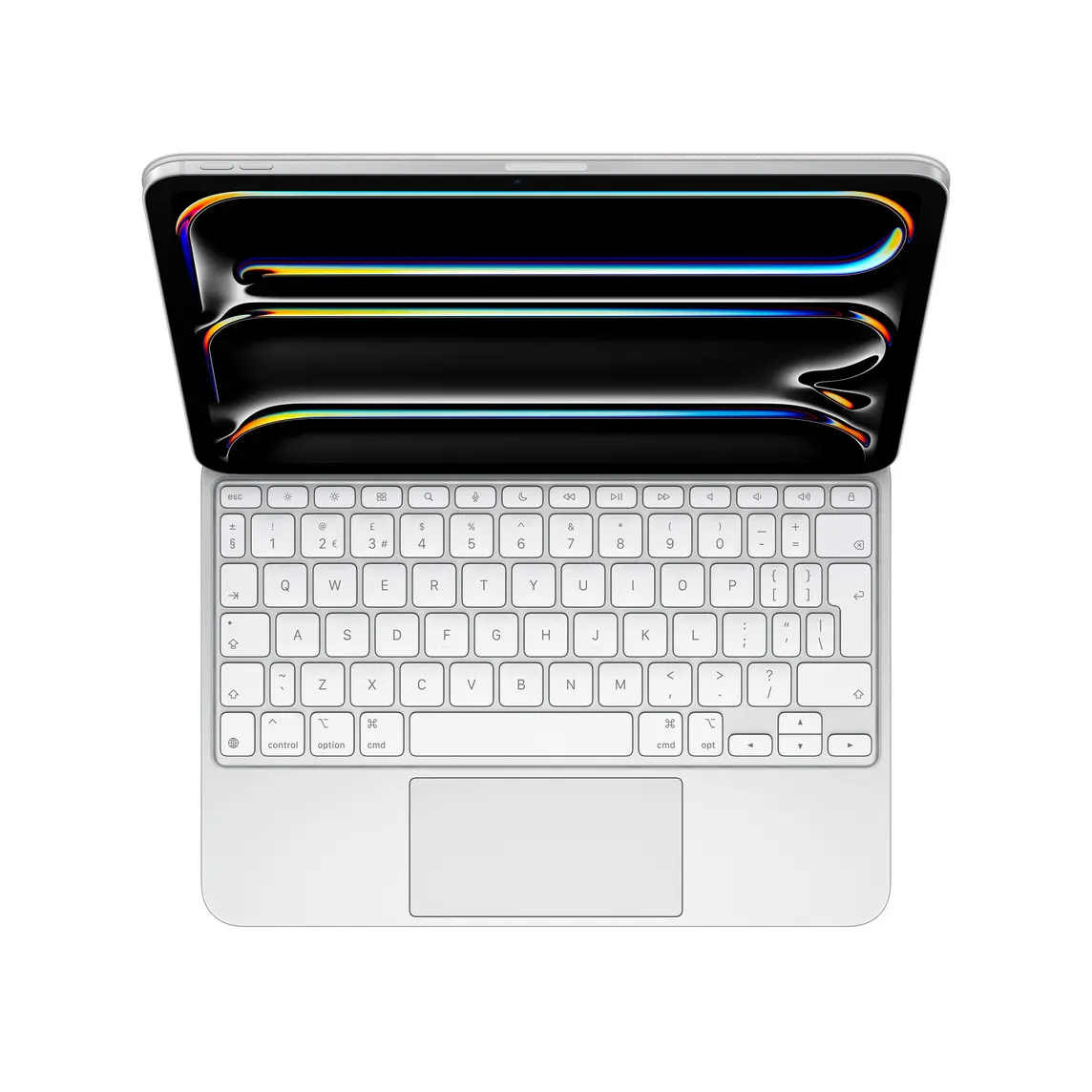 iPad Pro attached to Magic Keyboard, White, white keys with grey text, inverted T arrow keys, function key row, built-in trackpad