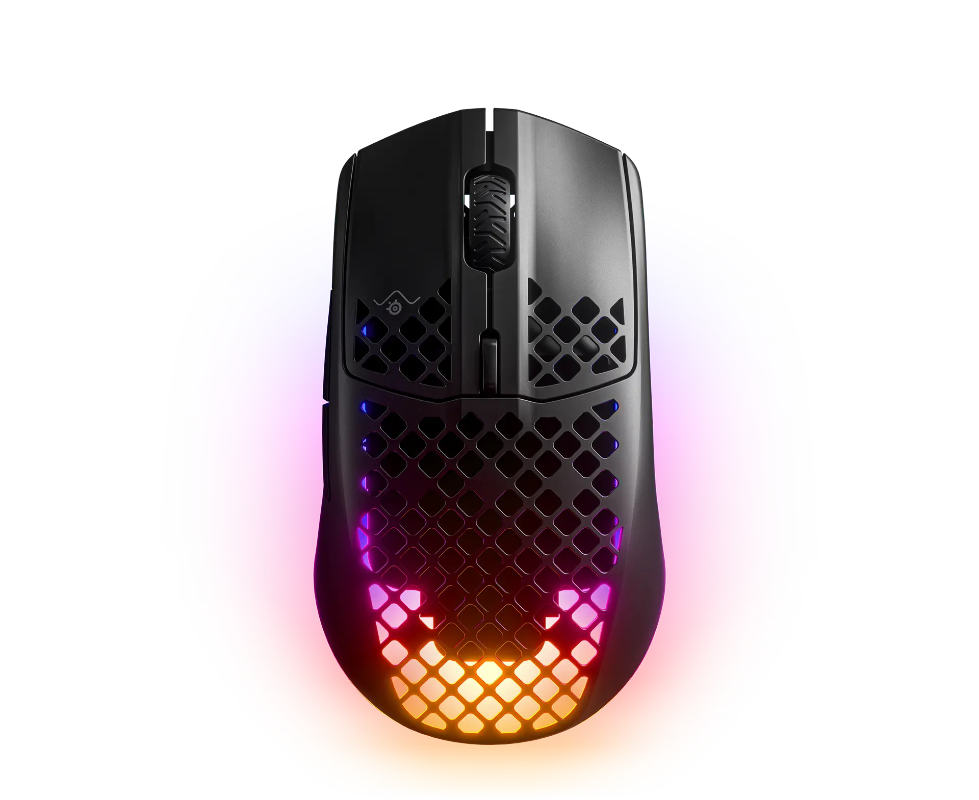 SteelSeries Aerox 3 Wireless in Onyx black, top-down view of the perforated shell with RGB lighting glowing through the holes