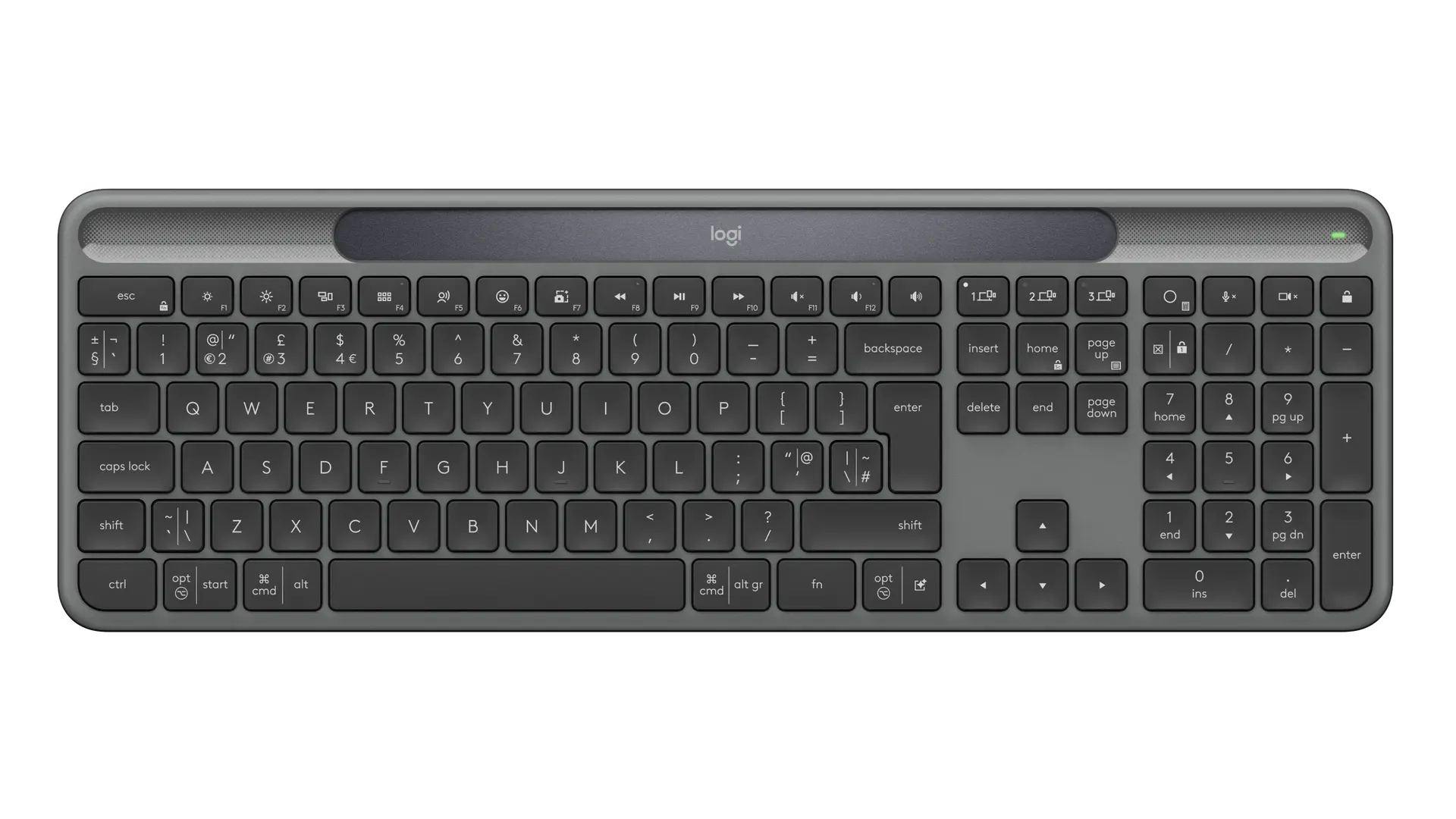 Logitech Signature Slim Solar+ K980 graphite full-size keyboard with UK ISO QWERTY layout and solar strip, official top view