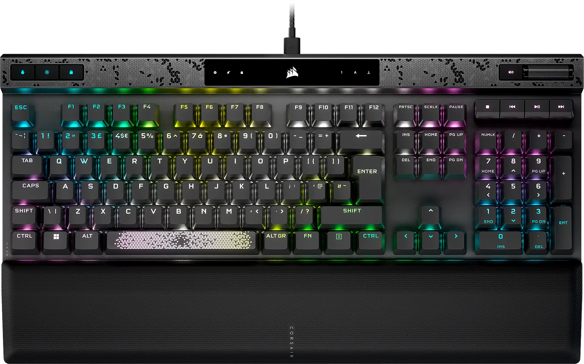 Corsair K70 MAX steel grey full-size magnetic keyboard with UK ISO layout, media keys and palm rest, official top view